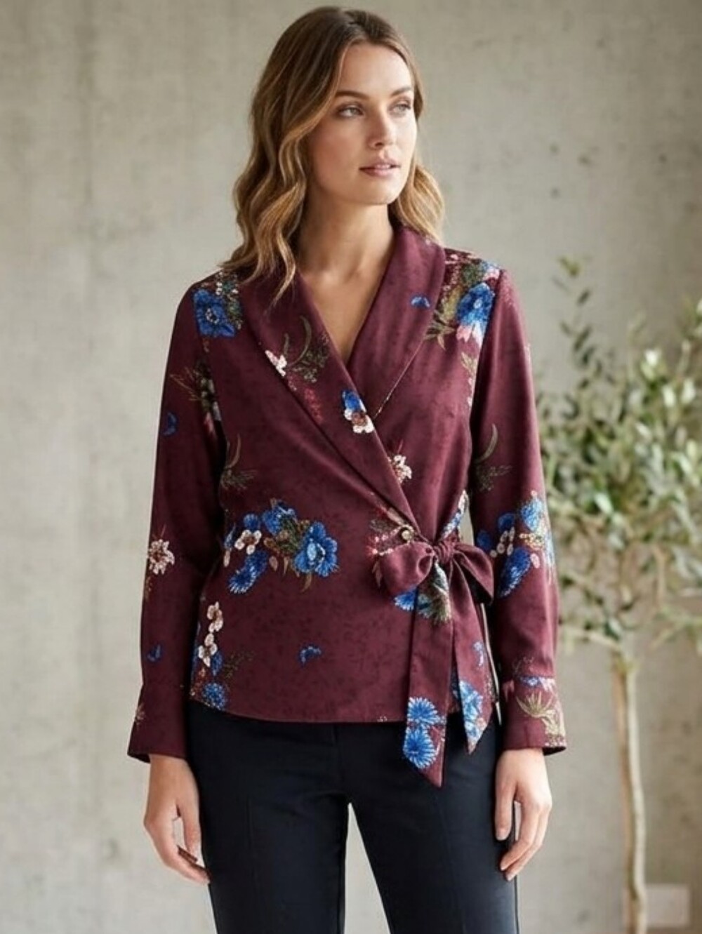❤️3/$25 Zara Burgundy Floral Wrap Blouse with Blue Blooms
